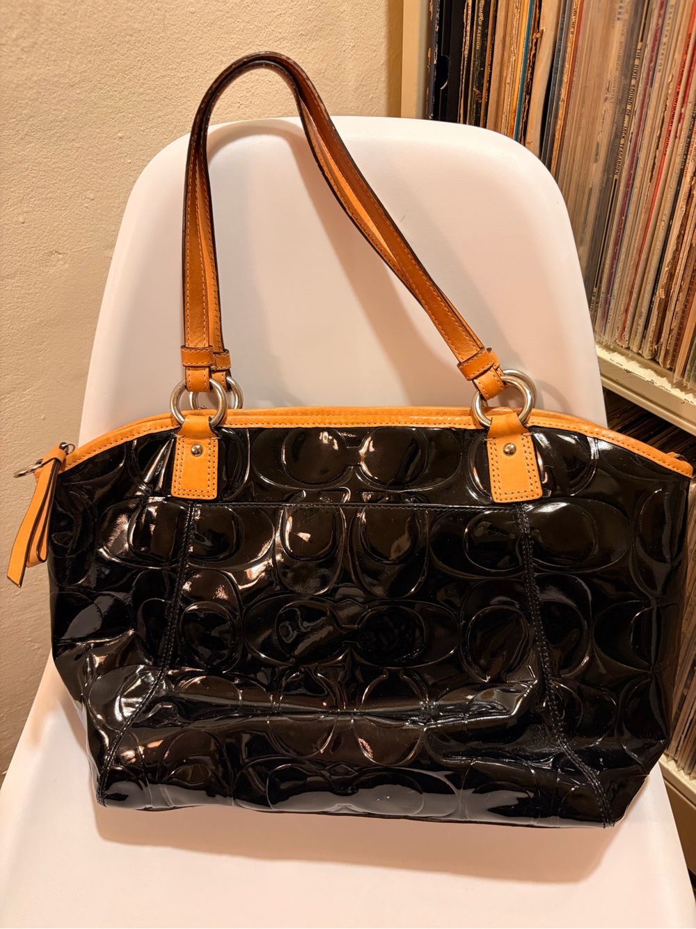 Coach Black Patent Leather Tote with Tan Trim - Picture 2 of 8